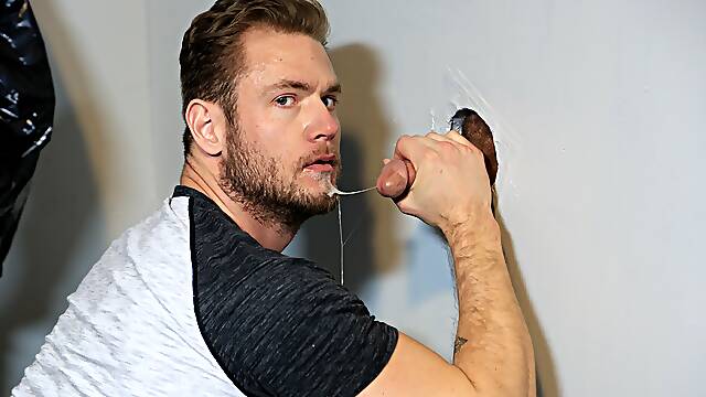 DILF throats cock through the glory hole and fucks in the ass like a slut