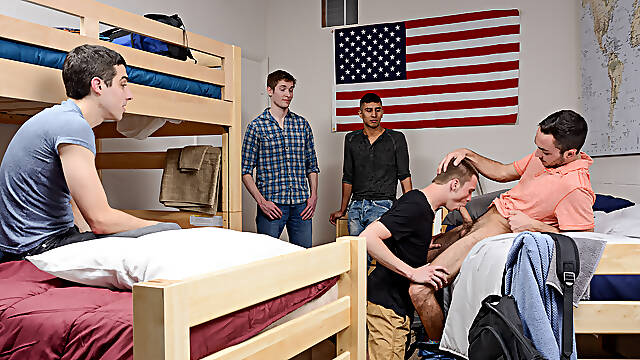 Army boy enjoys first day in the new unit by throating a lot of dicks