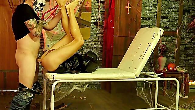 Masked twink lets horny partner play with him in BDSM Halloween kinks