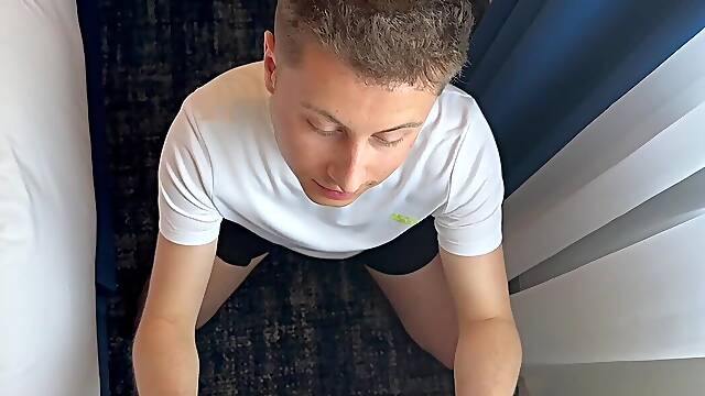 Blonde twink gives sensual blowjob while begin filmed