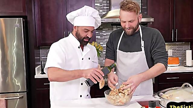Fisting chef fists hairy bottom in kitchen after barebacking