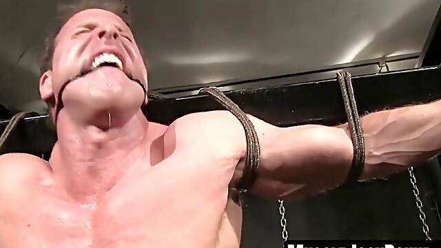 MuscleJockBound.com - Clamps on nipples and foreskin of submissive