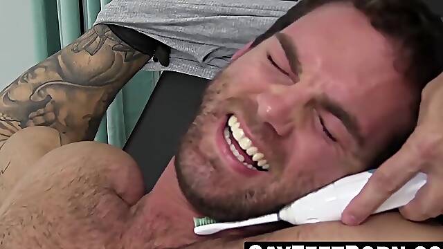 Silver fox tickles helpless stud into hysterics
