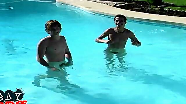 Gay teen with a nice body getting his cock sucked next to his swimming pool