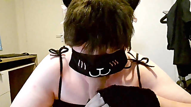 Chubby Femboy Cat toying with salami and Getting Milk