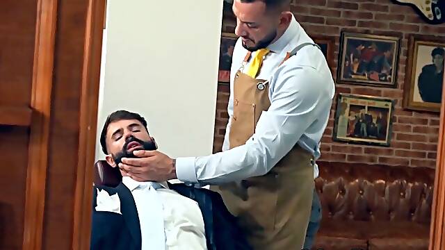 Suited man Dani Robles dominated by barber Leo La Rosa