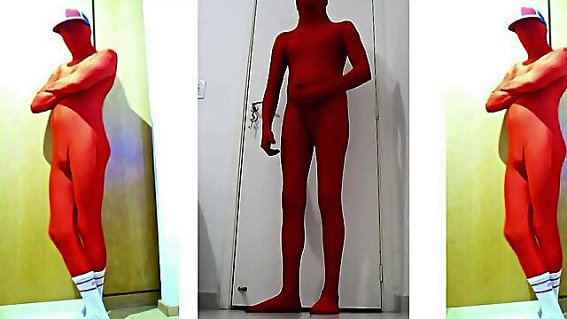 Joy At Home Wearing a crimson Zentai Costume Part two