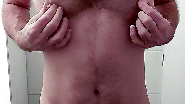 Slave shows his stiff cock and jerks off without cum of
