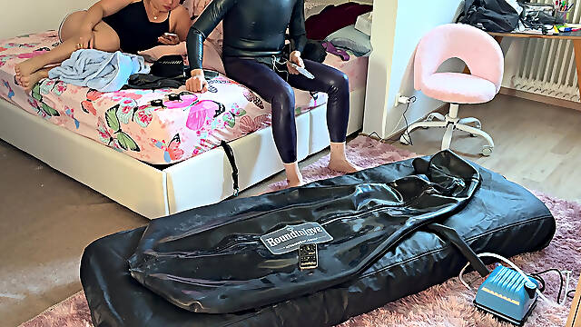 Wife drives her husband to orgasm with ESTIM in Inflatable Full Body Latex Bondage Bag. Restricted Breathing - Gagged Butt Plug