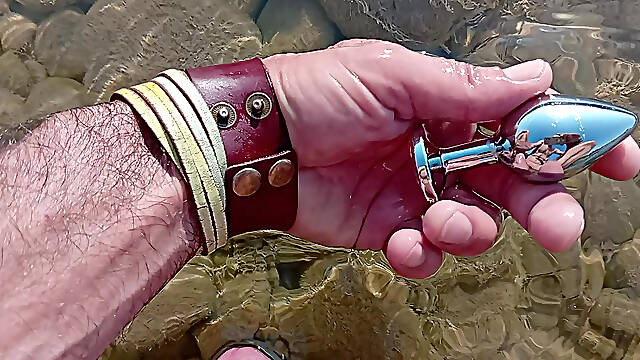 River handjob with cock rings and ass plug