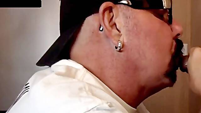 Homemade gloryhole cum in throat DILF inhales rock-hard penis