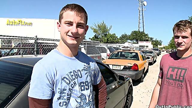 Horny gay dudes have outdoors quickie by the road and moan together